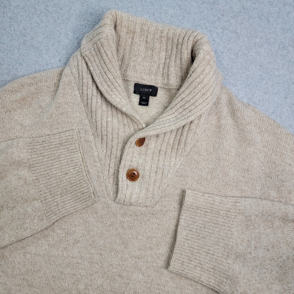J Crew Sweater Mens XL Beige Lambswool Knit 1/4 Button Up Pullover Shawl-Collar